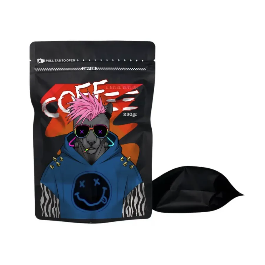 Loom Roast, black limited-edition 250g coffee bag: cat character in blue hoodie