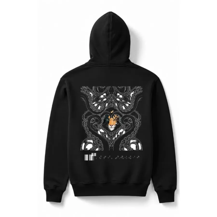 The Loom Hoodie, black, back print: lion amid engraved serpents artwork